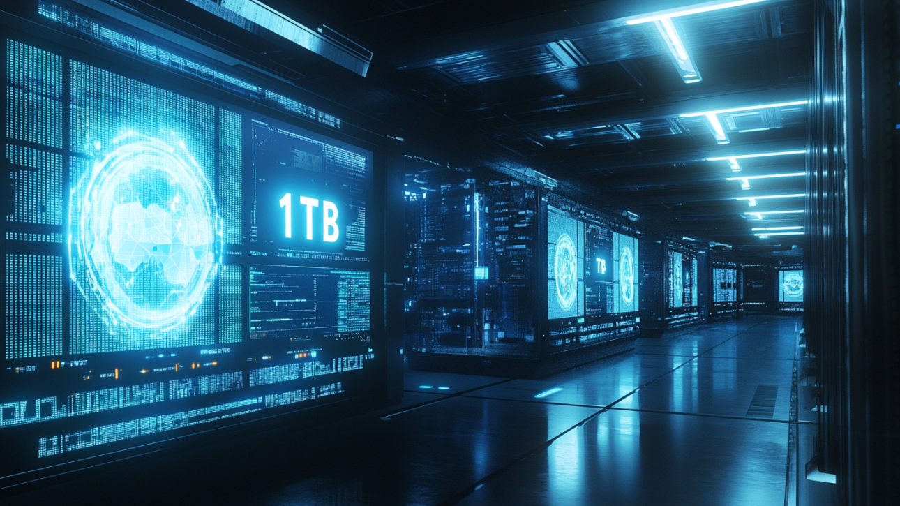Visual representation of data storage conversion, illustrating How Many Gigabytes Are in a Terabyte with a breakdown of '1 TB = 1,024 GB' in a modern office setting
