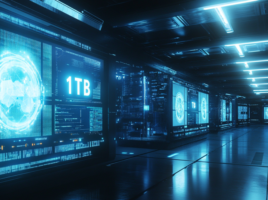 Visual representation of data storage conversion, illustrating How Many Gigabytes Are in a Terabyte with a breakdown of '1 TB = 1,024 GB' in a modern office setting