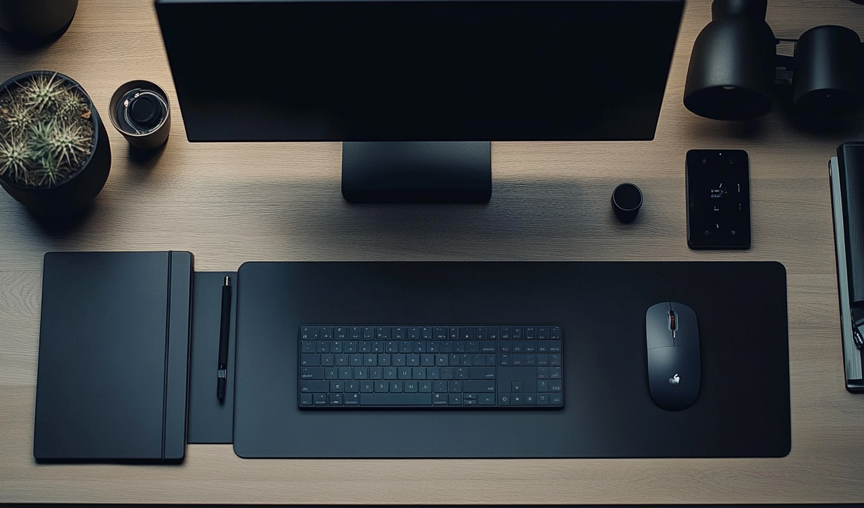 Minimalist home office desk setup, representing the concept of How to Clear Cache for improved system performance, showcasing an organized, clutter-free digital workspace