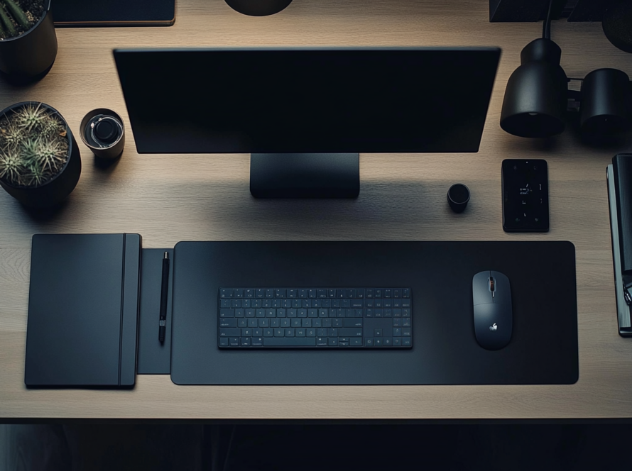 Minimalist home office desk setup, representing the concept of How to Clear Cache for improved system performance, showcasing an organized, clutter-free digital workspace