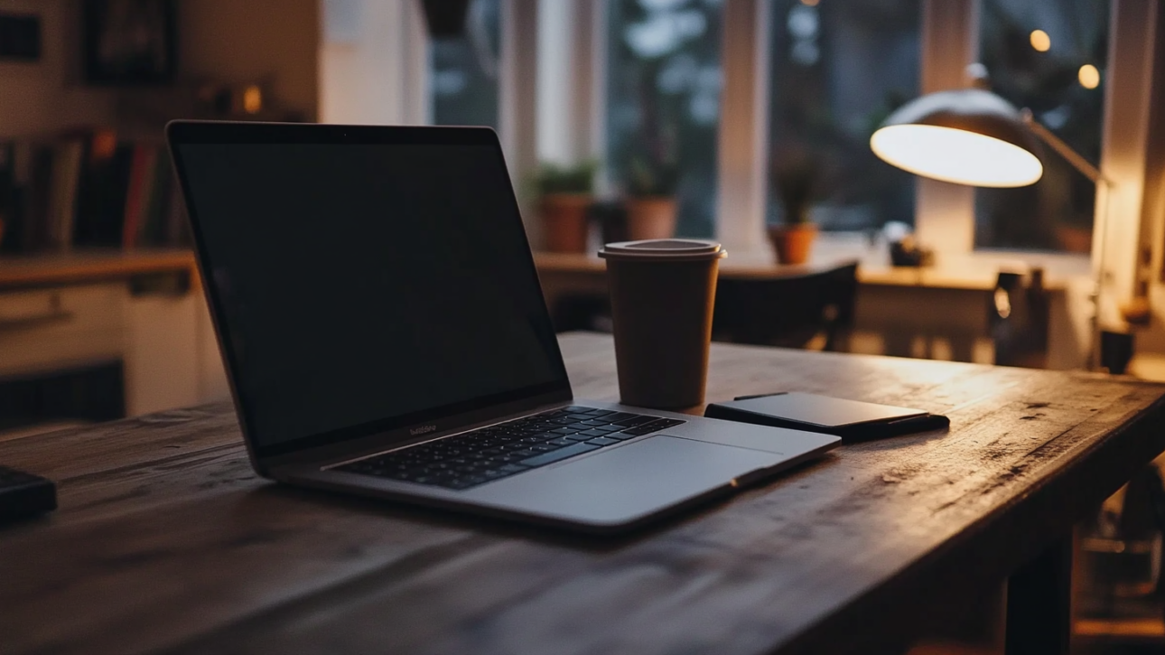 MacBook on a wooden desk with a coffee cup in a dimly lit room, perfect for a guide on how to screenshot on Windows and Mac
