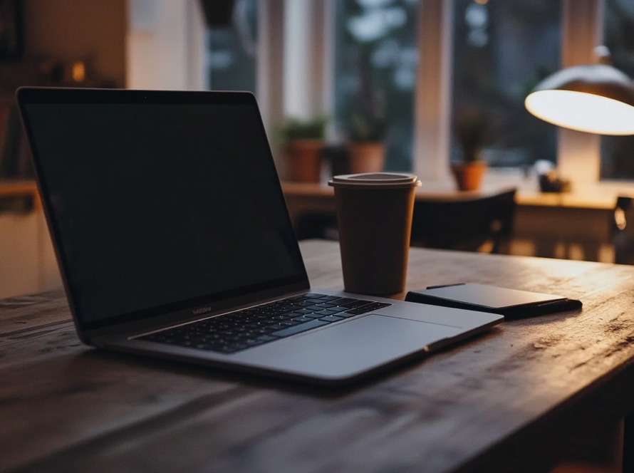 MacBook on a wooden desk with a coffee cup in a dimly lit room, perfect for a guide on how to screenshot on Windows and Mac