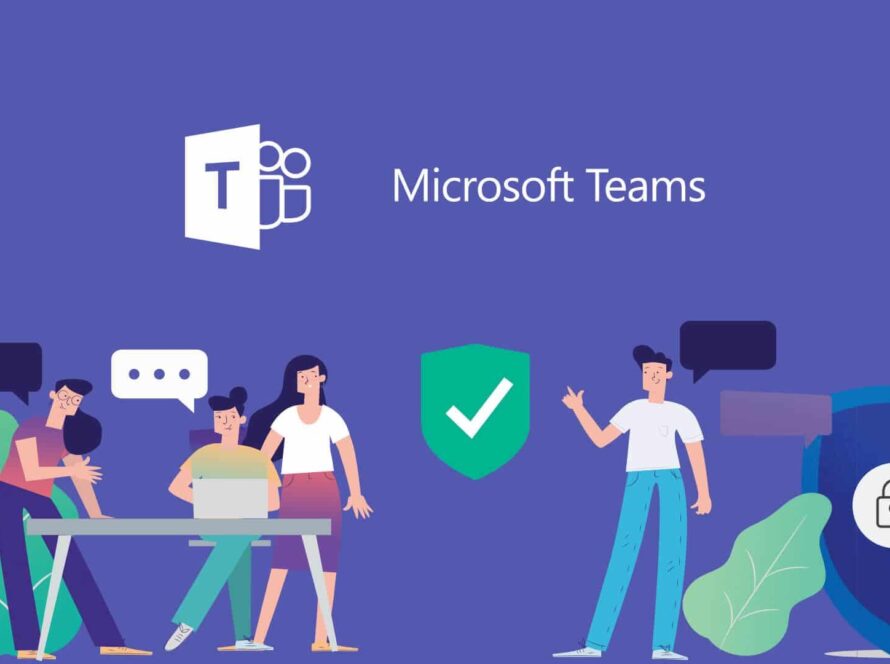 An illustration of a team collaborating through the Microsoft Teams Phone System, showcasing chat bubbles and a security icon to emphasize secure communication. The Microsoft Teams logo is prominently displayed, highlighting the platform's integration of calling and collaboration features for modern businesses