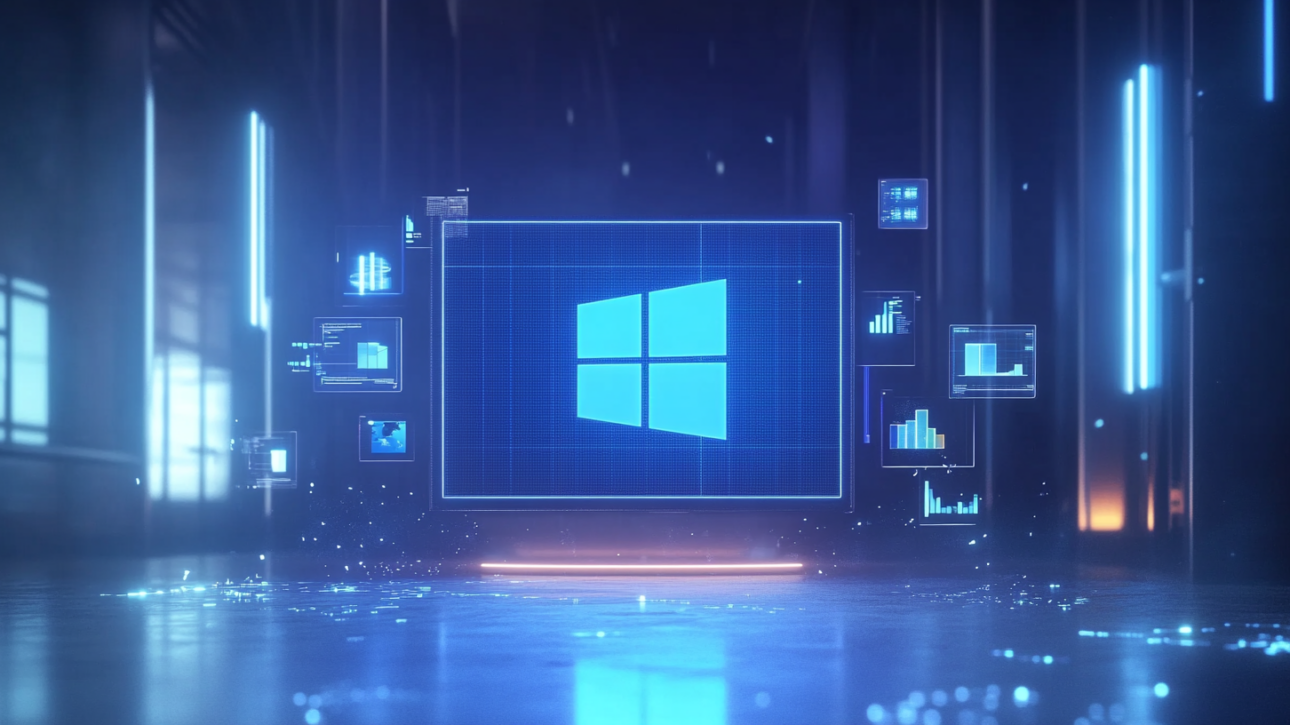 A digital display showcasing the Windows logo surrounded by data charts, representing the Microsoft Nonprofit Programme's cloud services and analytical tools for nonprofits