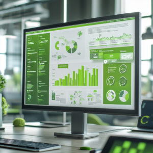 A financial dashboard with green data charts on a screen, symbolising the significant cost savings available to nonprofits through the Microsoft Nonprofit Programme