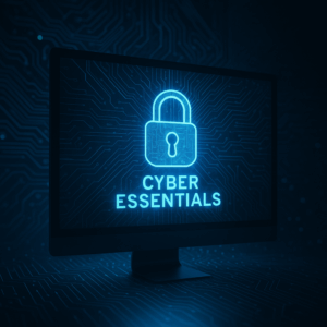 Futuristic digital shield icon surrounded by cybersecurity symbols like firewalls, malware protection, and secure configuration, representing Cyber Essentials protection standards.