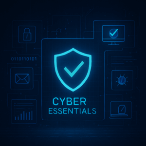 Graphic of a glowing padlock icon on a computer screen with a circuit board background, representing the Cyber Essentials certification
