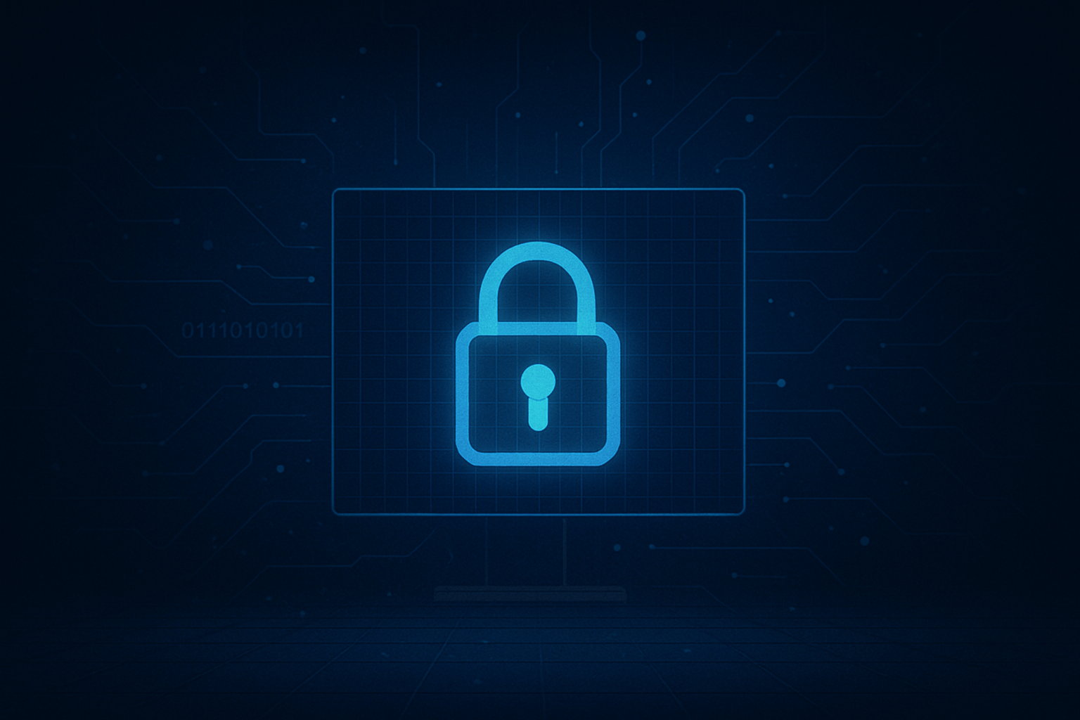 Futuristic digital background with glowing padlock and abstract circuit patterns, representing cybersecurity and data protection.
