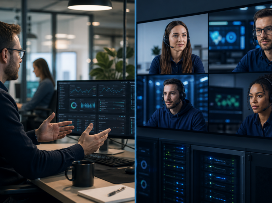 In-house employee and outsourced IT support engineer collaborating