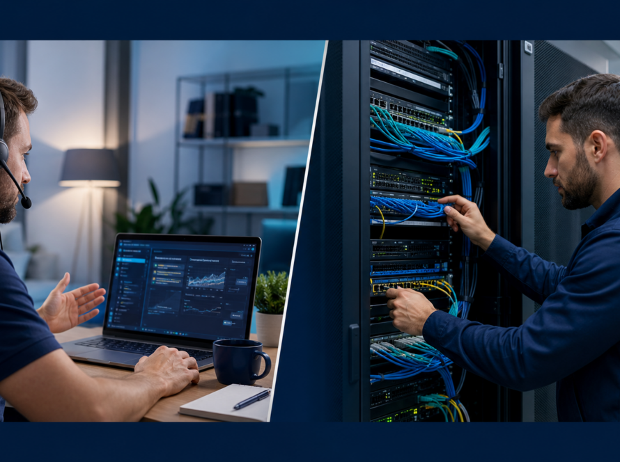 Remote IT support session alongside an onsite engineer visit