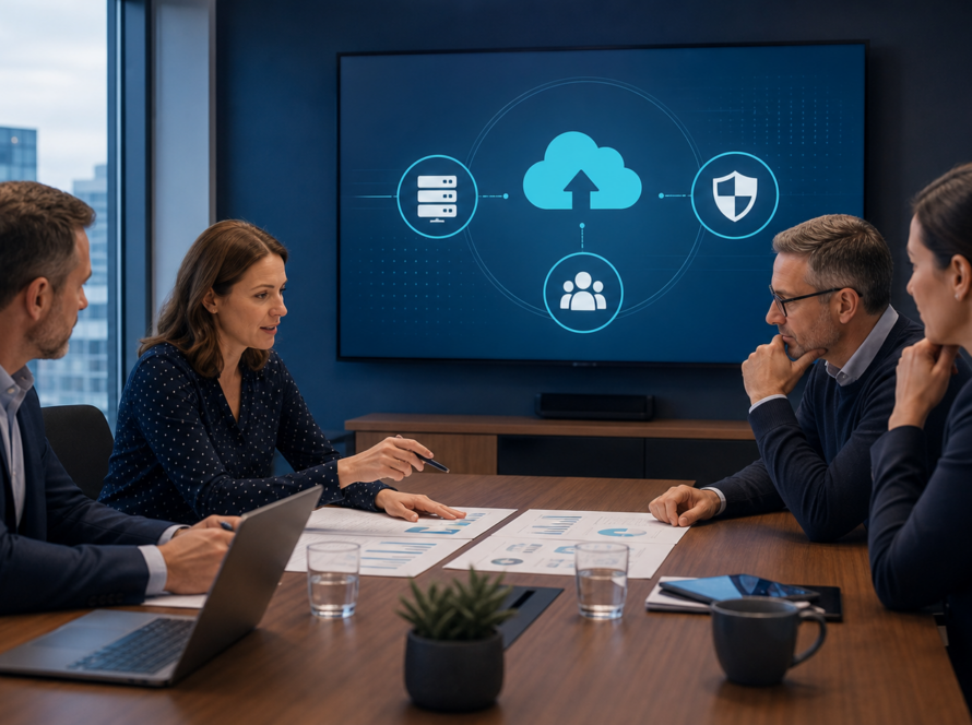 Small business team reviewing an IT disaster recovery plan