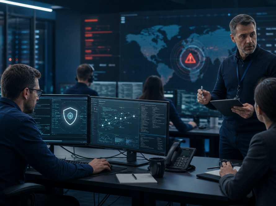 Business incident team following a cyber attack response plan